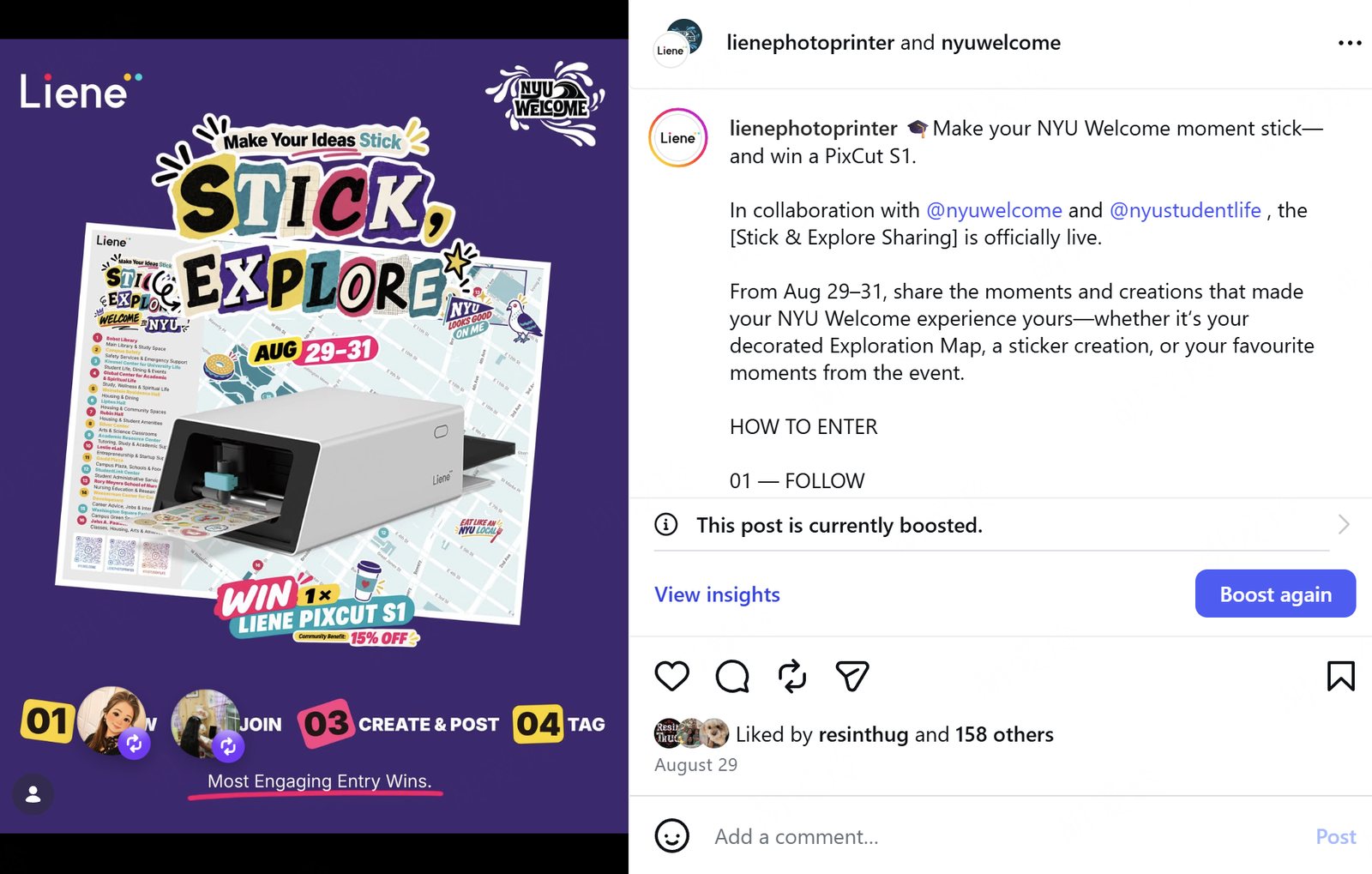 The campaign post on Liene’s Instagram, made with NYU Welcome
